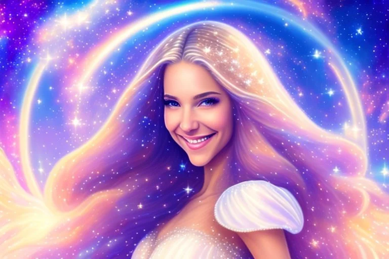 very beautiful cosmic women with white long hair, smiling, with cosmic dress and in the background there is a bautiful sky with stars and light beam