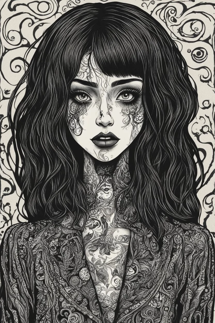 create a disturbing horror full body woodcut of a dark haired, savage, gothpunk vampire girl with highly detailed , sharply defined hair and facial features, in a dark, otherworldly London in the style of Junji Ito, precisely drawn, inked, with dramatic edges,