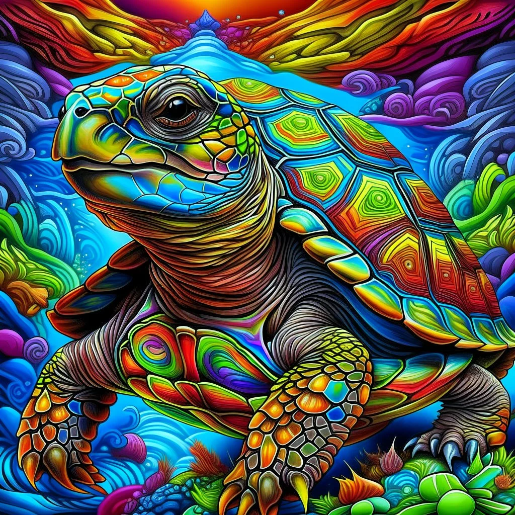 Drawing of a turtle with a colorful background, turtle, turtle, art by Alessandro Pautoso, drawing by Android Jones, spectacular colors hyper realism, adult turtle, colorful!! Highly detailed, colorful hyperrealism, highly detailed bright colors, by Derek Zabrucki, by Tony Sartt, anthropomorphic salamander, world-themed turtle, hyper-detailed colorful