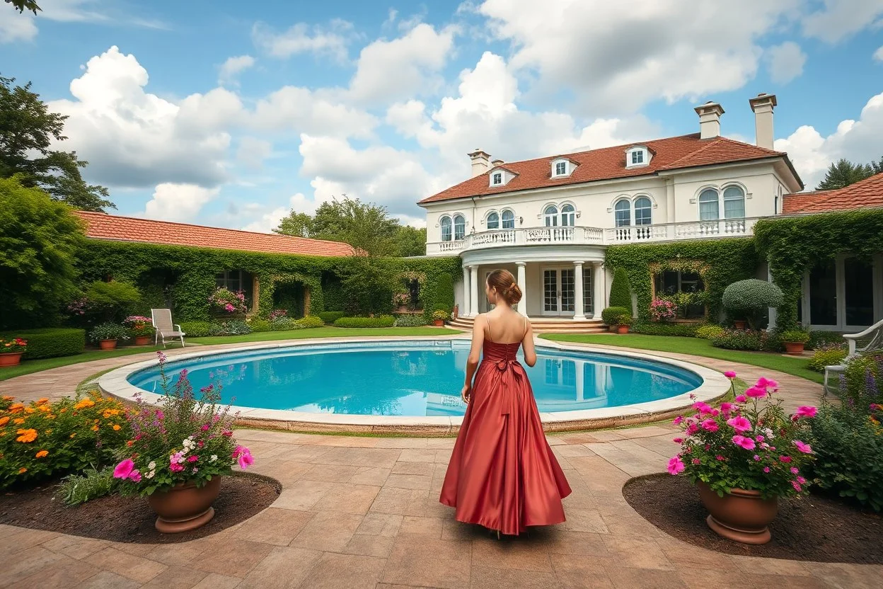 a luxury villa yard with pool in center and pretty plants trees flowers, pretty clouds,a pretty model lady in victorian clothing walking in villa yard