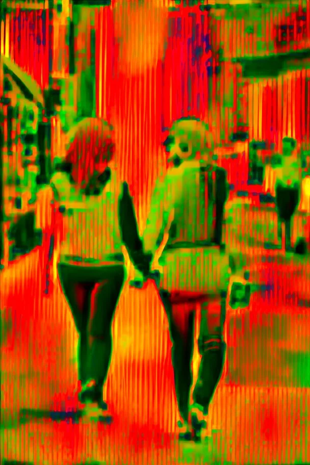 dos mujeres de la mano paseando por una calle de Nueva York. Fotografía en blanco y negro. Fotografía con Cámara Leica y objetivo de 35 mm. Fotografía estilo Saul Leiter.