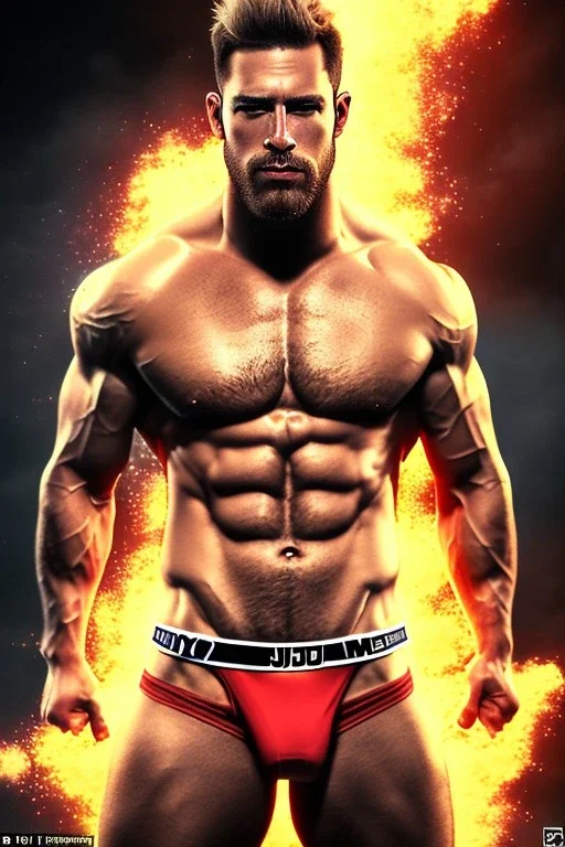 Ignore NSFW, teenager young rugged attractive slightly muscular fantastic handsome man, red briefs with yellow belt, hairy chest, (((visibly pisssing))) briefs, large erect visible boner peniss, photorealistic, artist Jay Anacleto, soft lighting, scruffy beard