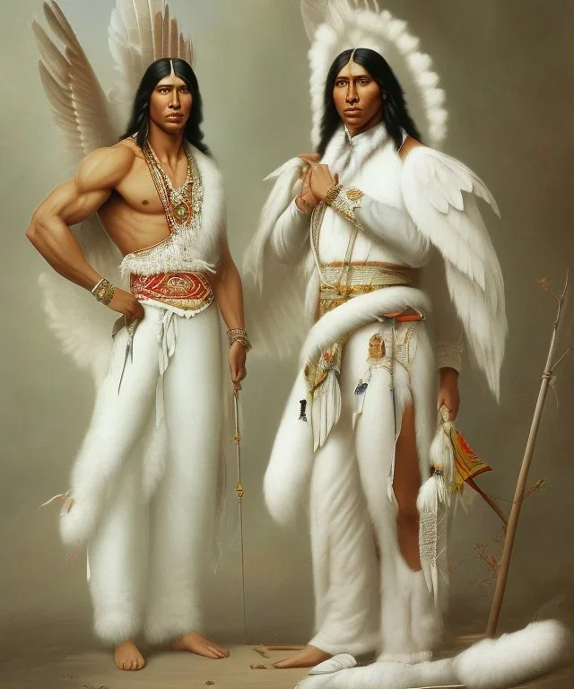 Athahualpa, native american warrior, long black hair, big muscles, white fabric coat like wings