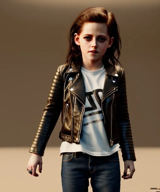 Kristen stewart toddler, full body, leather jacket, dramatic lighting, hyper realistic