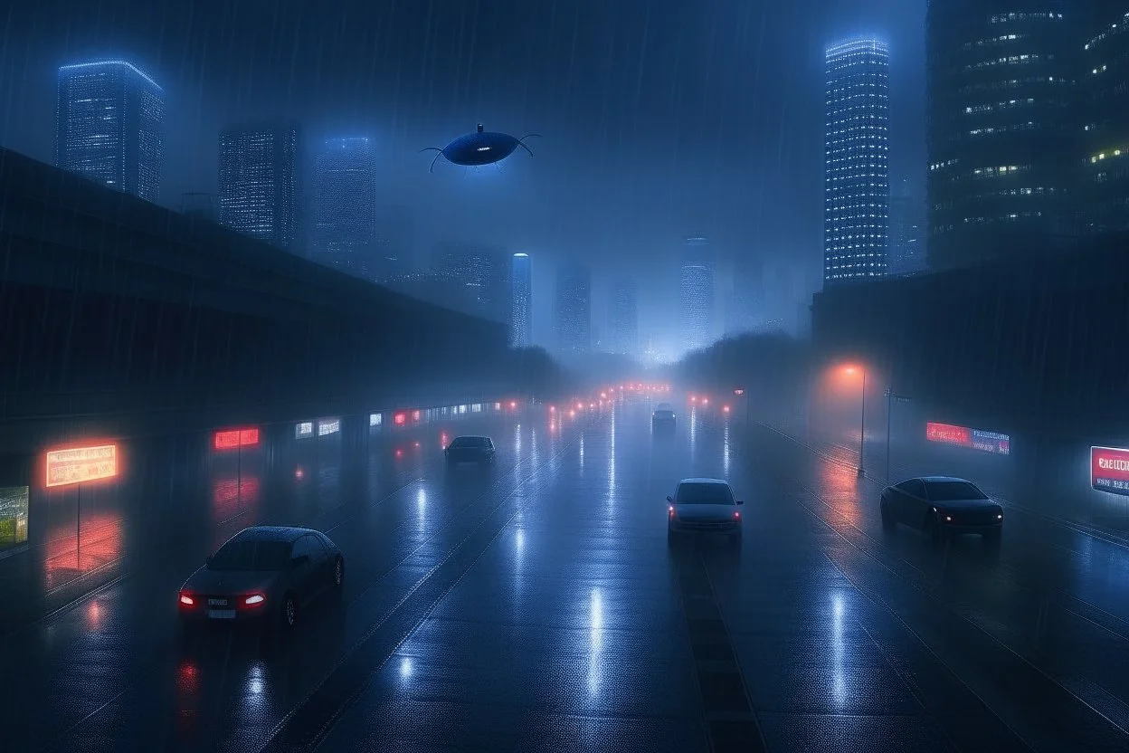 A city that's at night and it's raining and it's foggy and it's flying cars and it's in the future.