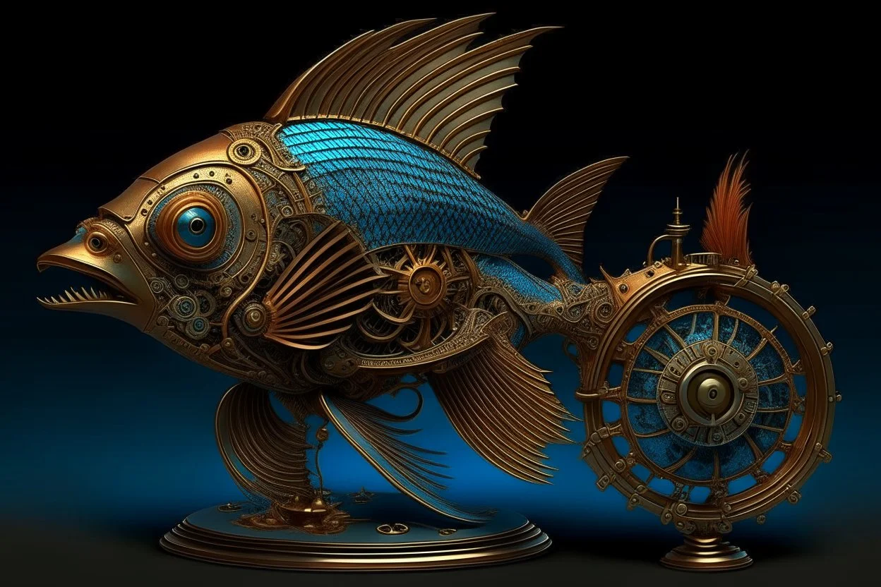 Elegant steampunk themed (Siamese Fighting "Beta fish") with LARGE mechanical fins, brass, copper, shiny black lacquer, gold filigree LYRE tail, blue background. Modifiers: sharp focus elegant extremely detailed crisp quality Jacek Yerka Gediminas Pranckevicius Craig Mullins Midjourney style dark Gothic theme elegant