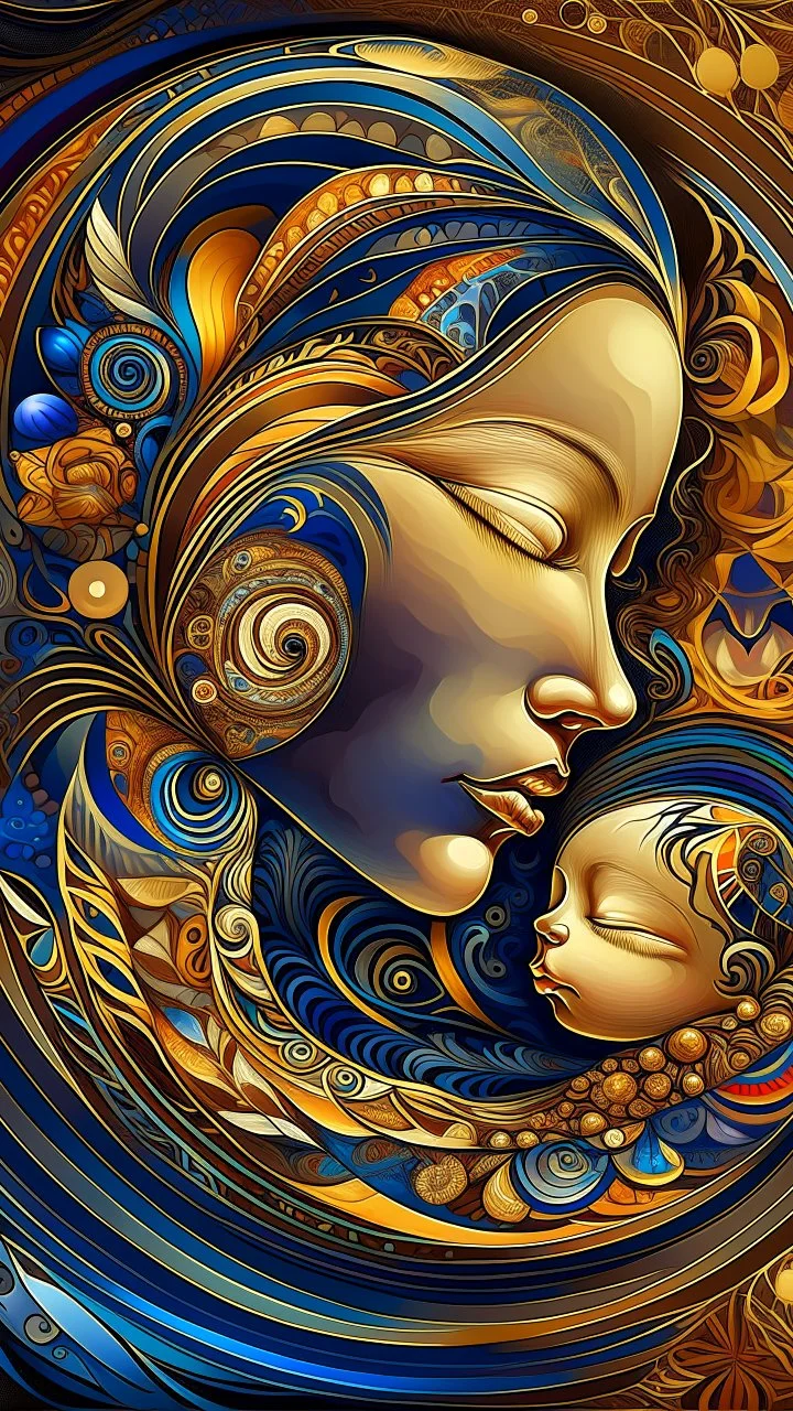 A digital artwork of women open her beautiful eyes with her baby adorned with intricate patterns and designs. The figure's face is covered in swirling lines, circles, and other abstract patterns in hues of mocha, navy and gold.The background is a colorful glass , with abstract patterns that complement the figure's design. The overall ambiance of the image is dreamy and surreal.