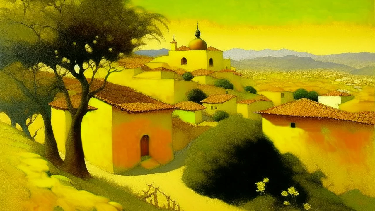 A golden yellow Spanish like town painted by Birge Harrison