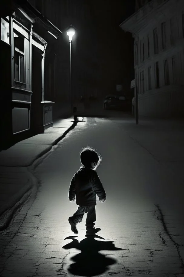 A boy playing on the street at midnight with his shadow