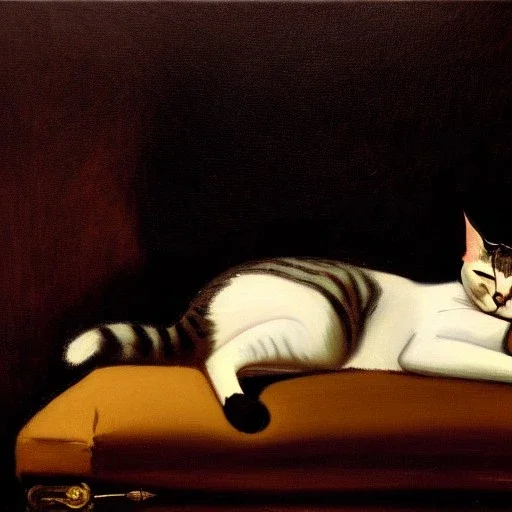 oil portrait of a Cat Sleeping in a Black sofa by Gustave Courbet 8k