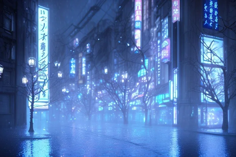 Cinematic, romantic, atmospheric, night, Tokyo, dark, rain, high definition, blue neon lights, blender 3d