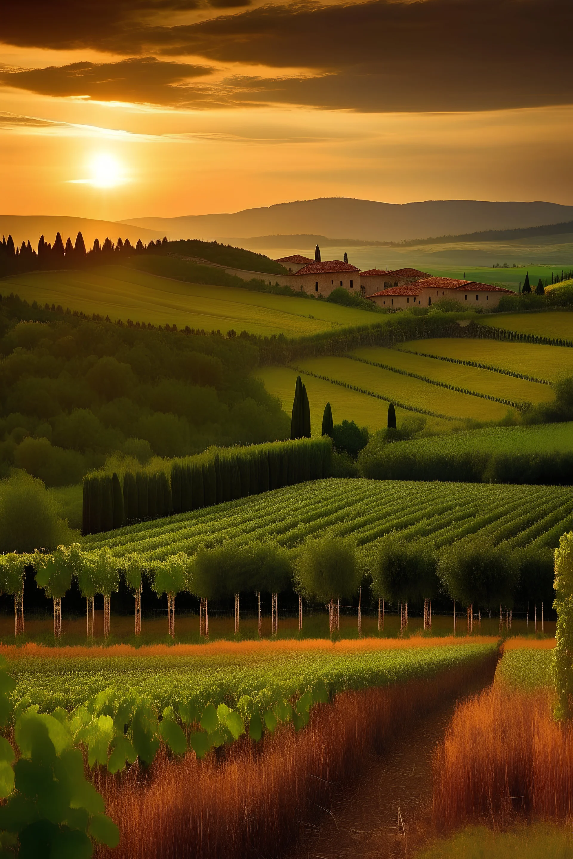 viñedos bajo un atardecer en toscana, italia. Que sea realista