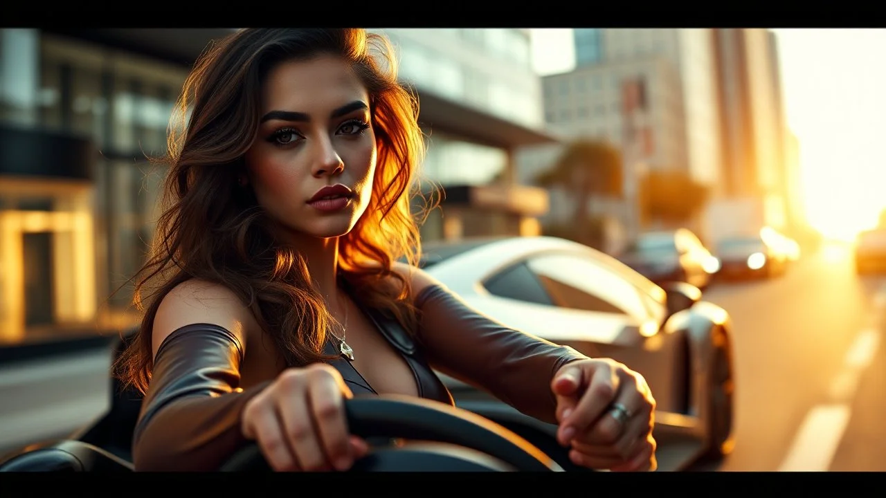 Create an ultra-realistic cinematic 8K fullbody of lady mode skin texture, add makeup,pretty boots,curvy long hair. Style: fashion editorial, confident is driving a Lamborghini SC20 in streets of a modern city. Lighting: warm golden hour sunlight, soft rim light. Camera look,camera capture full Lamborghini SC20: shallow depth of field, film grain, cinematic color grade.