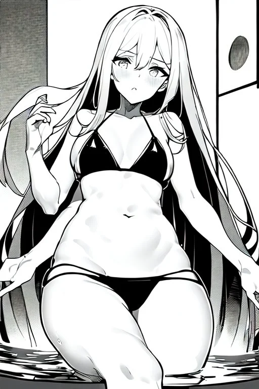 bikini long hair thin girl with leg in abyss pool, greyscale, sexy pose, screen tones