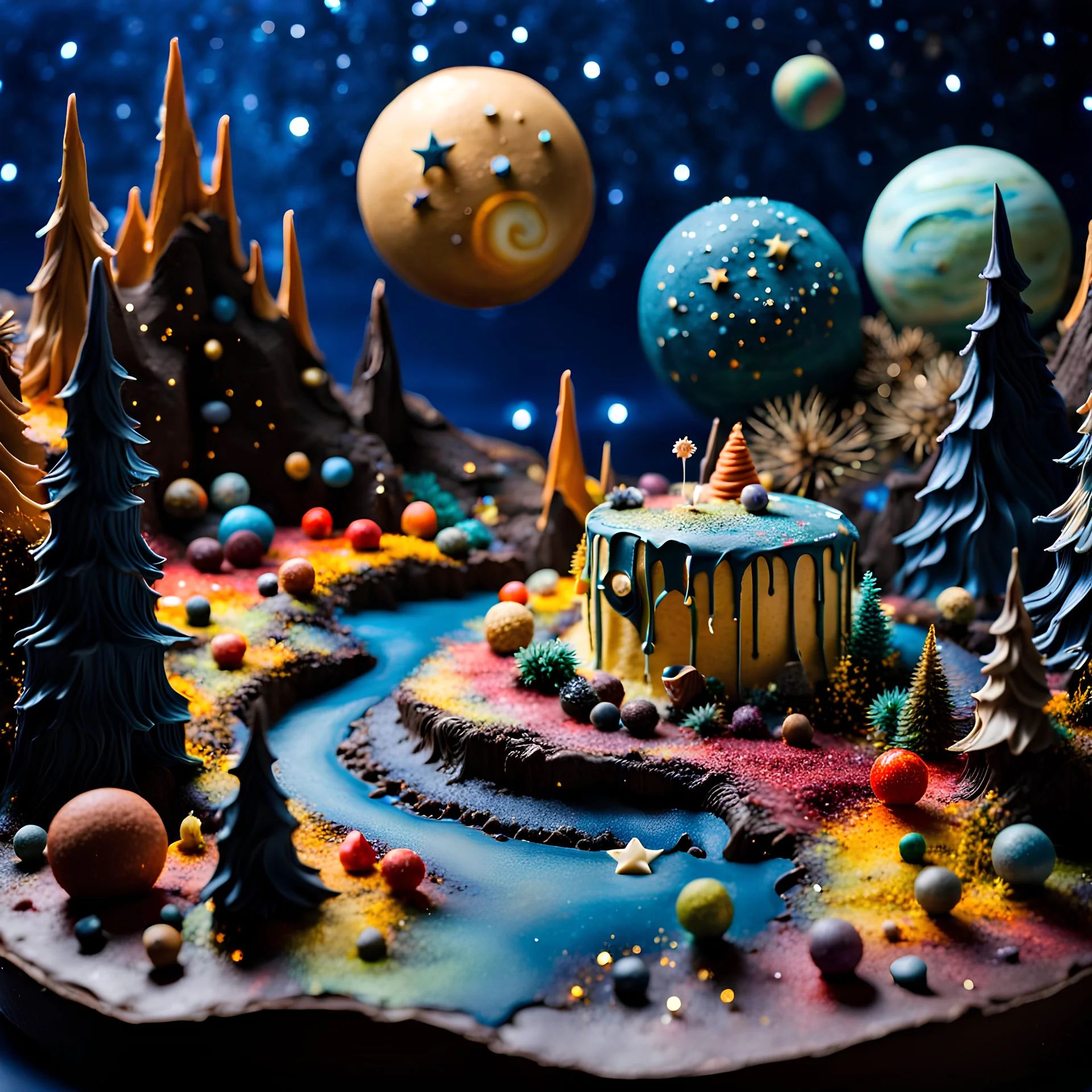 Detailed creepy landscape made of cake-frosting and modeling clay, stars and planets, Amano, Roger Dean l, strong texture, Ernst Haekel, extreme detail, intricate, colours, Max Ernst, decal, rich moody colors, sparkles, bokeh, odd