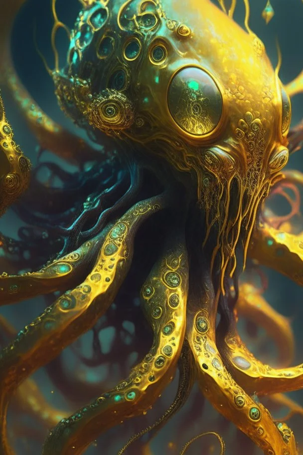 Toxic Gold octopus avian alien,FHD, detailed matte painting, deep color, fantastical, intricate detail, splash screen, complementary colors, fantasy concept art, 32k resolution trending on Artstation Unreal Engine 5