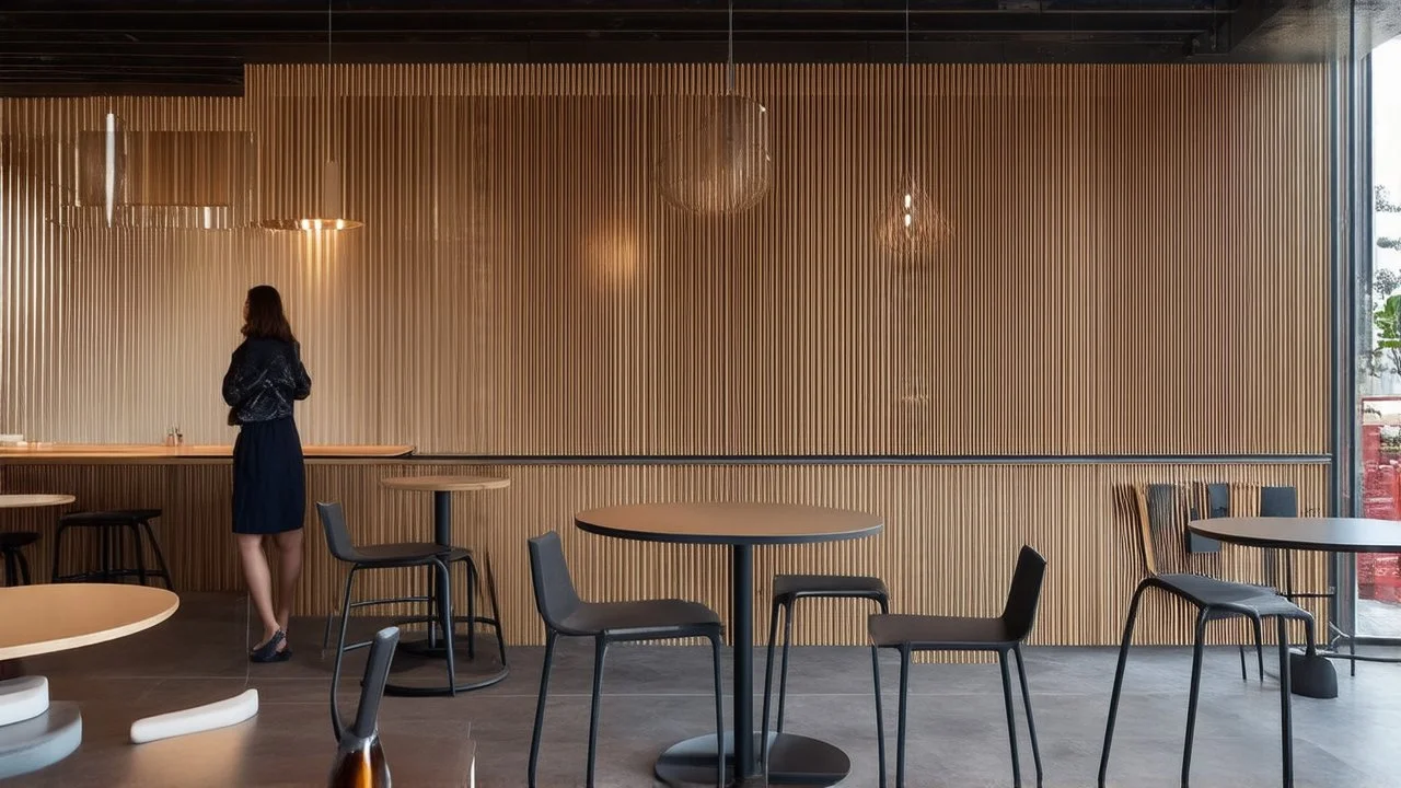 A modern cafe interior with a woman standing near a table. The walls and ceiling are covered in horizontal and vertical wooden slats, creating a warm and textured atmosphere. The floor is a polished gray tile. Several round tables with modern chairs are arranged in the space. Pendant lights hang from the ceiling, casting a soft glow. The overall style is minimalist and sophisticated, with a focus on natural materials and clean lines.