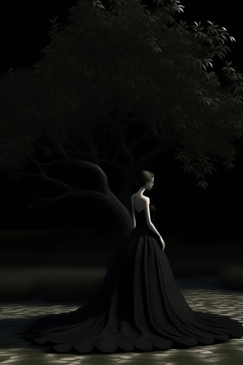 Wednesday in a low-cut black gown standing under a black tree, photorealistic, delicate detail.