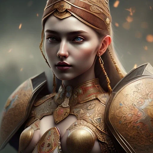 portrait of a warrior with ottoman beautiful girl themed armour, extremely detailed, UHD, 8k,The close-up camera effect,sharp focus, perfect position,hyperphotorealistic, unreal engine 5, octane render