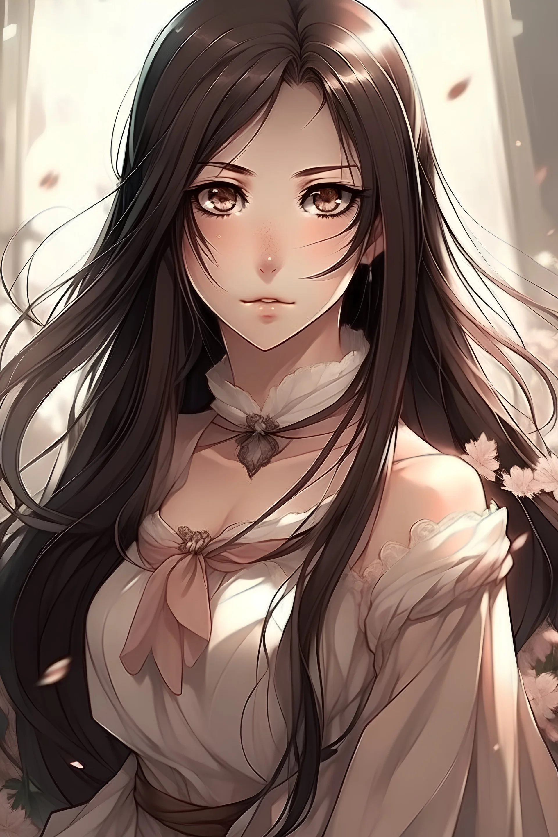 Attack on Titan. feminine . Wheaty skin. Dark brown eyes. White dress . Beautiful and attractive background. Light pink lip color. Long and black hair