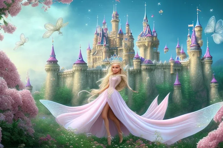 castle in background, beautiful, soft, big smiling, straight and long blonde hair, blues eyes, dewy and shiny atmosphere, diamond crown, long fairy wings in the back, full head, pink veil clothes