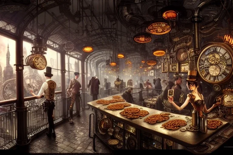 an intricately detailed digital illustration of a steampunk metropolitan city - scape inside of a steampunk double bacon cheeseburger, ultra realistic, concept art, intricate details, eerie, highly detailed, photorealistic, octane render, 8k, unreal engine. art by artgerm and greg rutkowski and charlie bowater and magali villeneuve and alphonse mucha