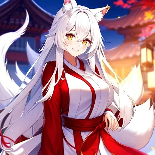 Clear focus, 8k, beautiful lighting, vibrant colors, fox girl, white hair, long hair, golden eyes, miko, tail, smile,