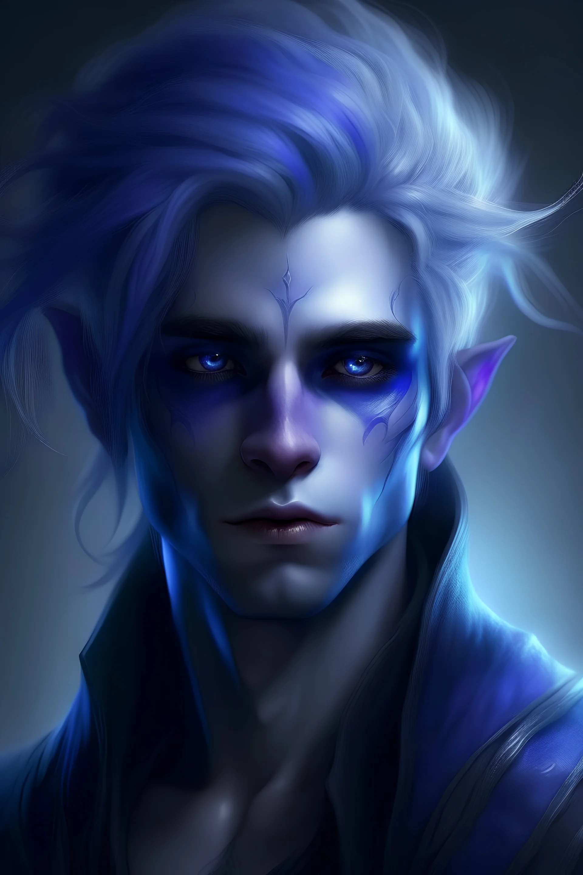 blue violet hair, blue eyes, pale, dark background, fog, elf, fantasy, male, soft facial features