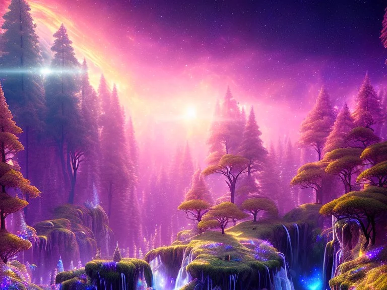 night stars galaxy crystal cosmic and galactic ambiance waterfall hill sky rocks sunset trees pools , full of details, smooth, bright sunshine，soft light atmosphere, light effect，vaporwave colorful, concept art, smooth, extremely sharp detail, finely tuned detail, ultra high definition, 8 k, unreal engine 5, ultra sharp focus