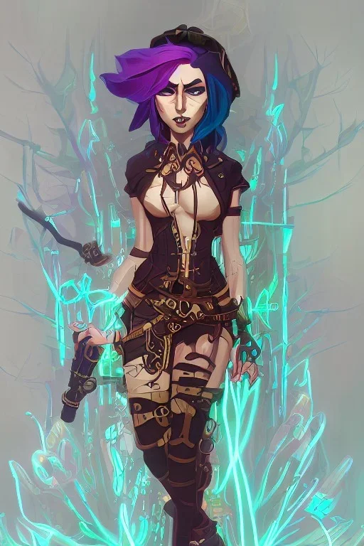 steampunk elf standing in a spooky neon forest