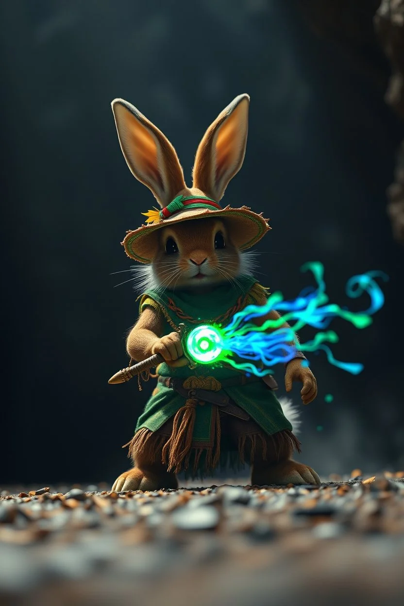 big fast killer bunny in background, magic swirl, strong winds, true grit, reggae rasta native stand off fast draw poncho cowboy wizard on knees hurt punching green and blue fire ball whip while taking sight wand slinger, in dark cave ,bokeh like f/0.8, tilt-shift lens 8k, high detail, smooth render, down-light, unreal engine