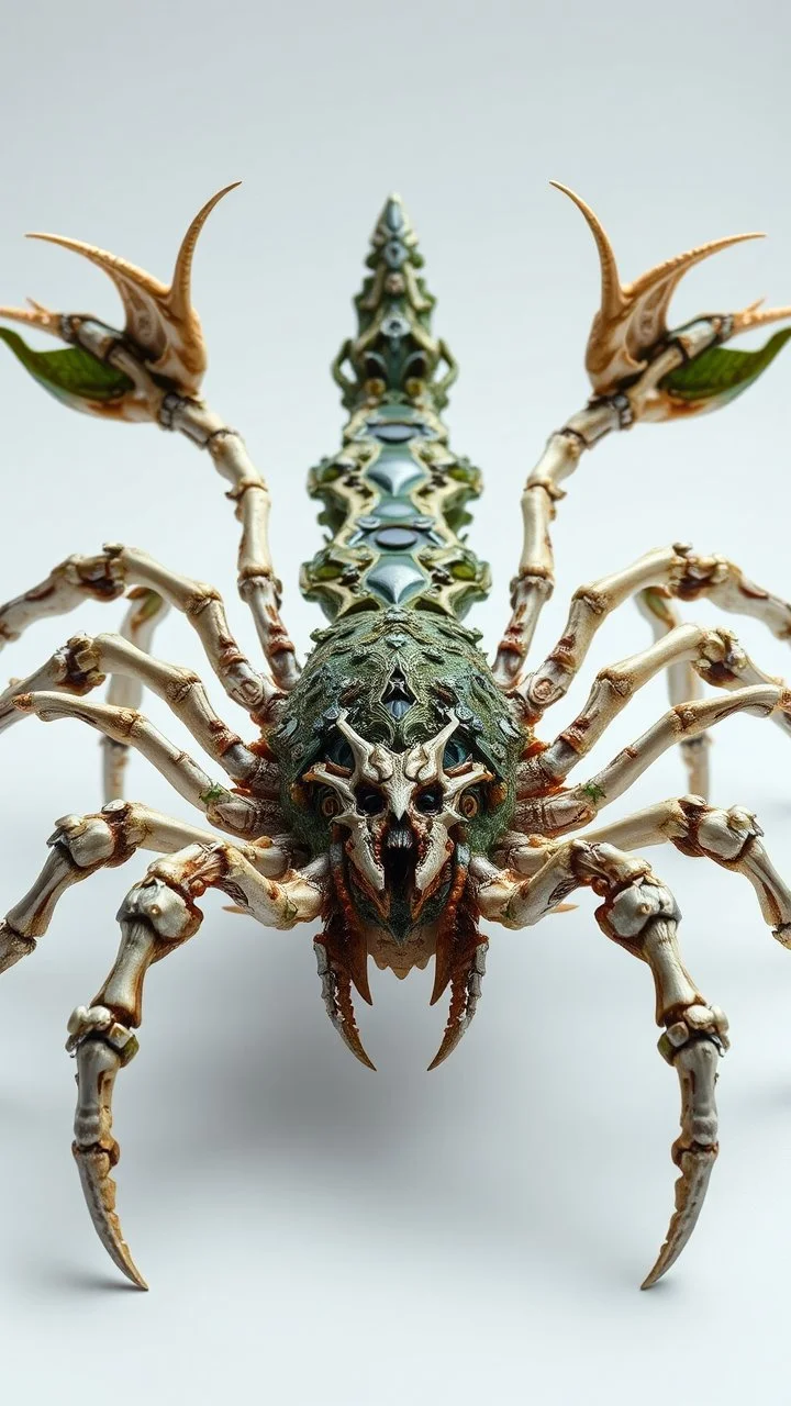 A dynamic front view showcasing the fusion of organic and bones elements, depicting a fully gry bones-scorpion . Its intricate mechanisms are driven by interlocking blade and complex mechanical blade embedded throughout its glass frame. mist-grass eating leaf