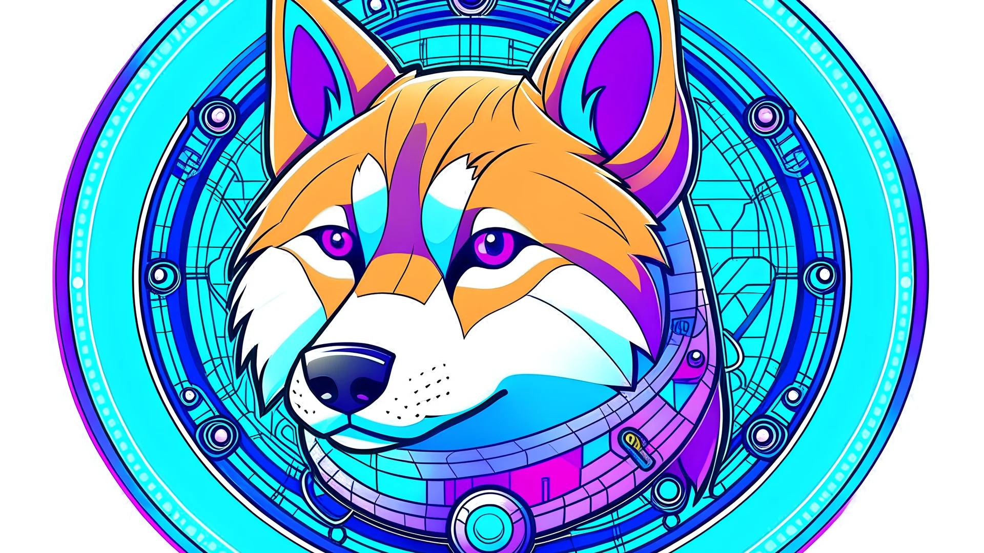 draw a round logo of a cute cartoon purple Shiba inu dog with cybernetic modifications, with a blue glowing button on his forehead and cables running from the button to his ears and muzzle. A light blue circuit board fills the cheek background.