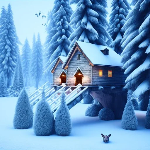 Forest ice winter, bridge birds,live house, bear, deer, unreal engine 5, octane render