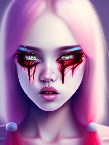 girl angry, beautiful, cute, blood on face, long pink hair, black sweater