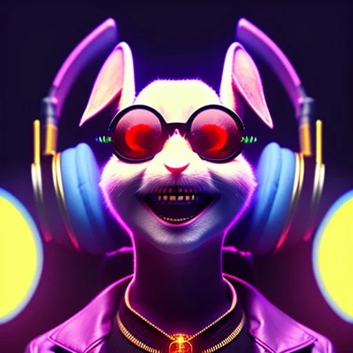 pixar style anamorphic cute smiling baby rabbit, smiling, cyberpunk headphone, sunglass, gangsta gold necklaces, full body, magenta puffer jacket, manila city background, dramatic lighting, hyper realistic, unreal engine 5, 16k