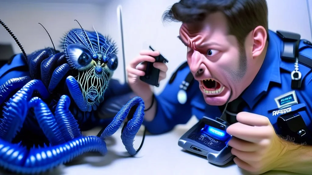 male cop dispatcher deals with evil virus crawling out of the phone handset