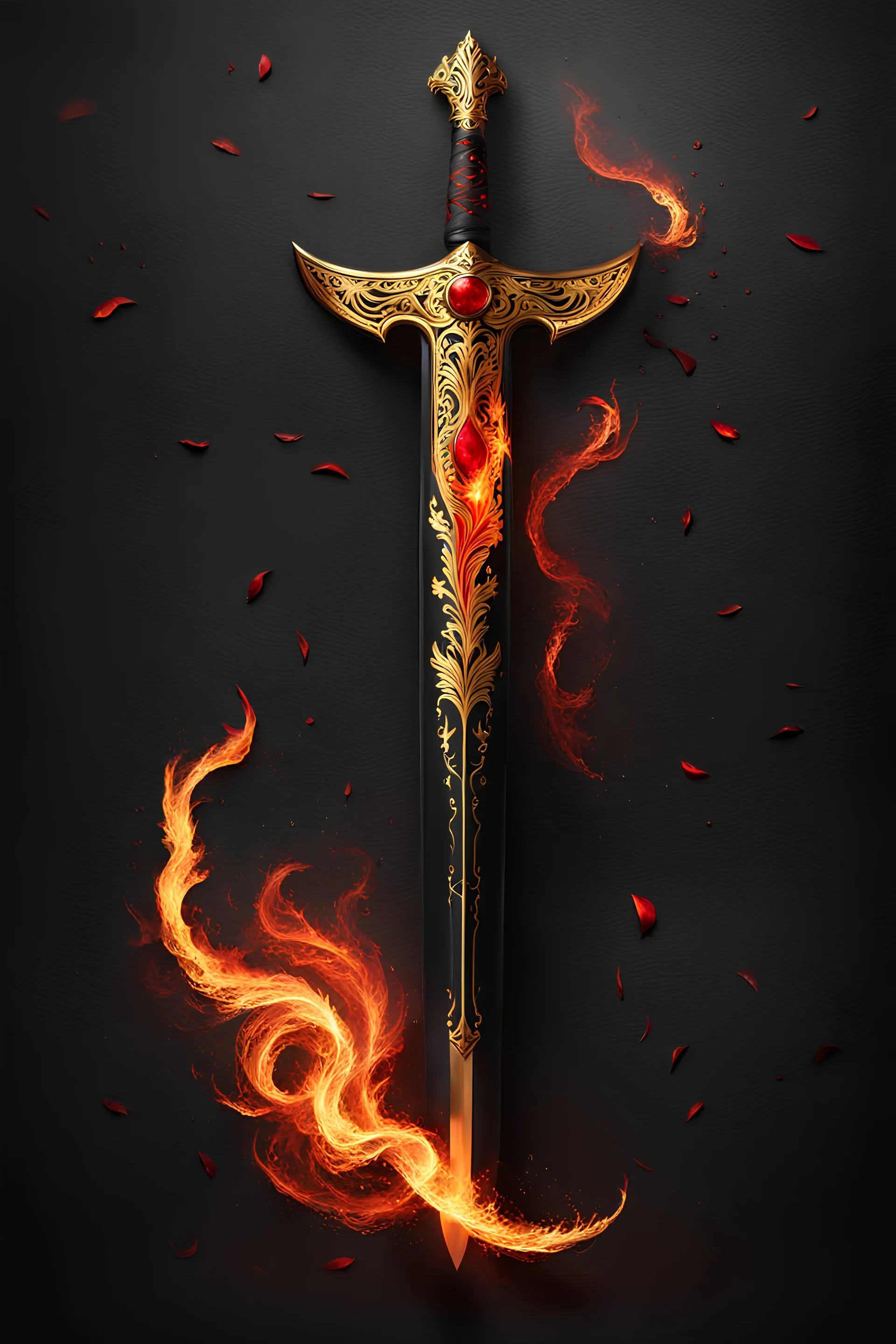 Scimitar that is Black with a golden hilt with red firey engravings