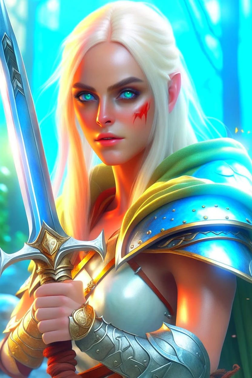 pretty woman, warrior, elf, blonde hair, fantasy, Skyrim, conventionally attractive, fighter, sword, elder scrolls, young, maternal, 3d render, cinematic, conceptual art, poster