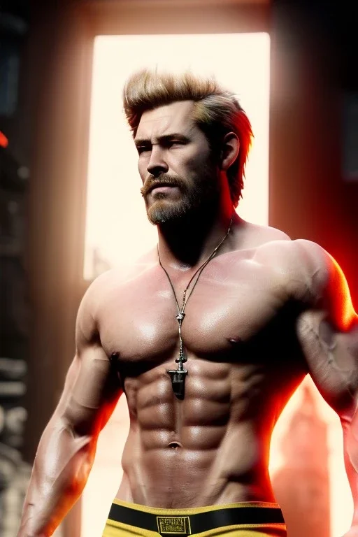 Ignore NSFW, teenager young rugged attractive slightly muscular fantasticly handsome blonde man, red briefs with yellow belt, hairy chest, (((visibly pisssing))) briefs, large erect visible boner peniss, photorealistic, artist Jay Anacleto, soft lighting, scruffy beard