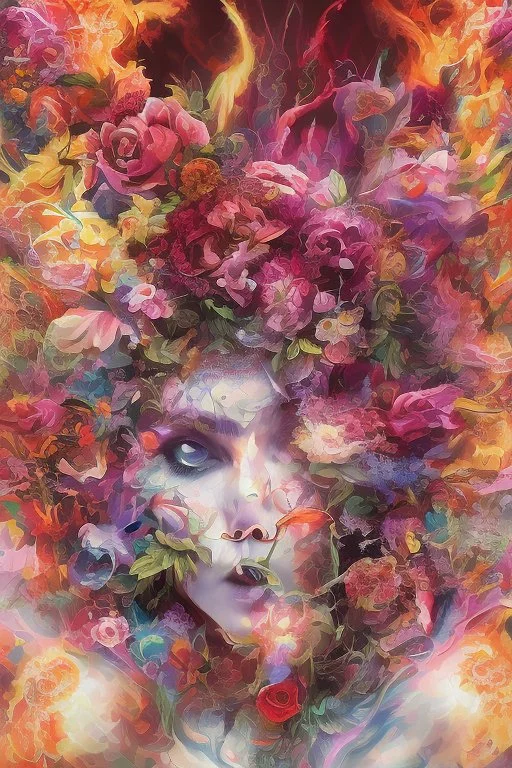 Generate a captivating digital artwork where a vivid explosion of images on a canvas bursts forth, weaving together elements of a woman, demons, tattoos, flowers, and stormy hues. Capture the essence of dynamic creativity in this abstract masterpiece."