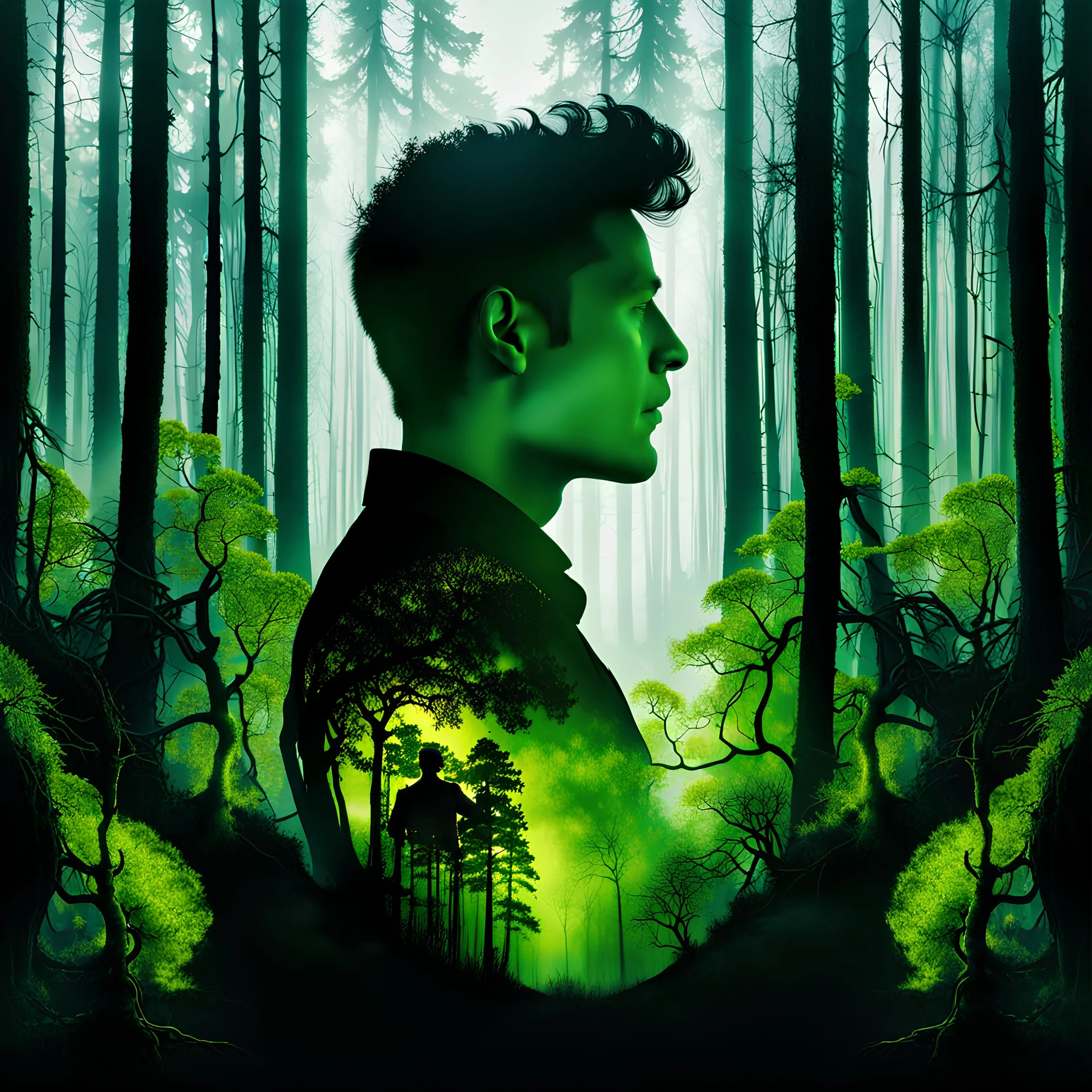 A vivid, double-exposure portrait of a man's silhouette superimposed with an image of a mossy swamp, seamlessly blending the two images together to create a visual representation of his deep connection with nature.