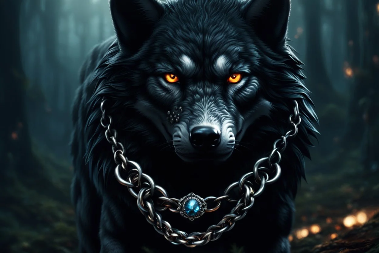 Studded Silver choke chain, around the neck of a wolf, photorealistic, 4k, dark fantasy