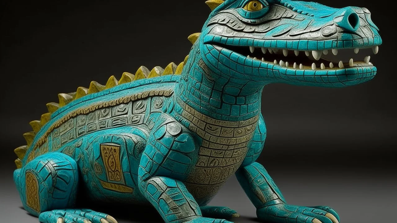 A cyan water elemental crocodile designed in Kuna molas painted by Francis Danby