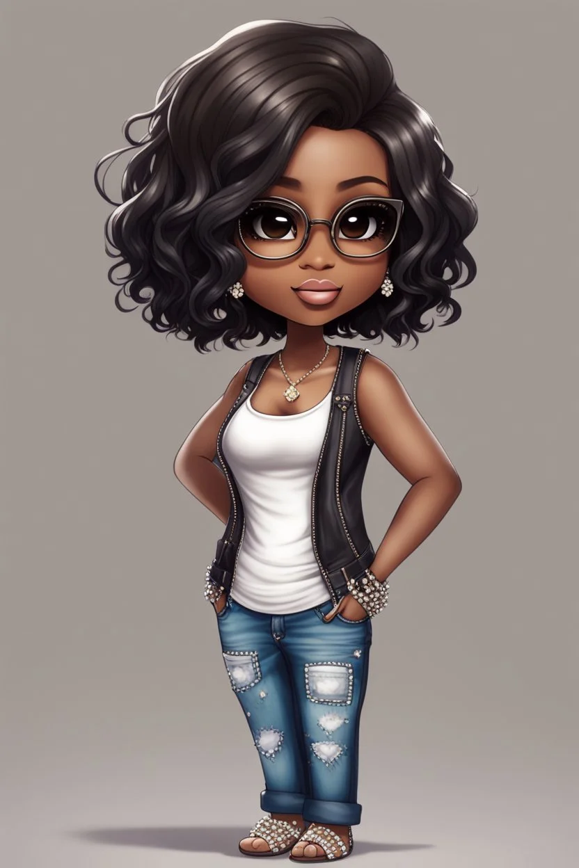 Create a whimsical chibi image of a black female with shoulder length BOB style hair, blsck silky and brown eyes. Long eye lashes wearing a torn jeans and tank top with diamond studded "pretty" on the front, sandals , plus size body style. Diamond studded glasses and hoop earrings forward facing, 2k, white background