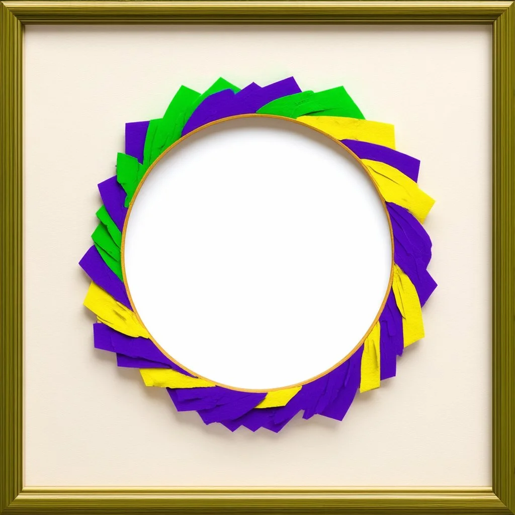 A simple round wooden frame without decoration in the colors of Mardi Gras green, purple and yellow with a light background to remove