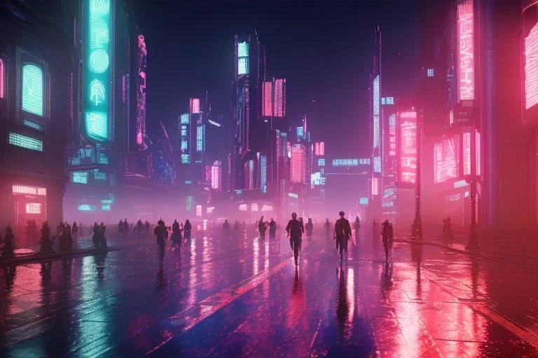 3D, beautiful, light reflecting, empty future city skyline at night, rainy night, neon, cyberpunk, tron, one cyborg walking, 8k, finely detailed, photo realistic