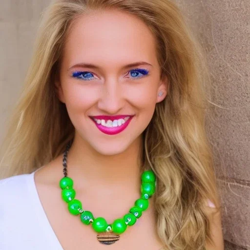 College girl with blonde hair and green eyes that glow with white teeth and medium lips with rings, bracelets, and a necklace