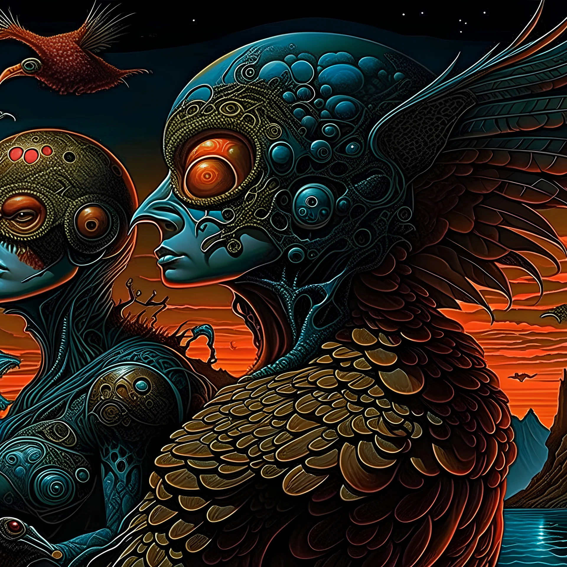 creatures of habit carrion afterglow of doom, surreal meander style of john Stephens and Michael Cheval, eerie, smooth, trending on Artstation, 16k, intricate detail, hypersurreal, alcohol ink illustration, sharp colors.