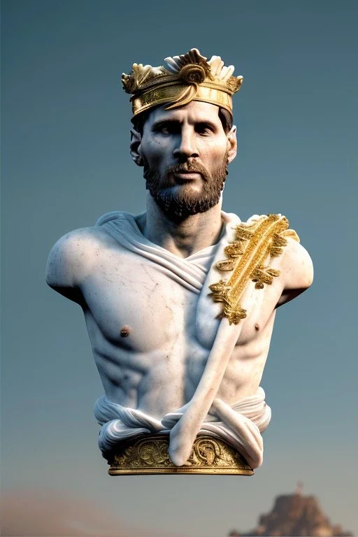 Realistic image, Roman sculpture made in white marble with gold veins, Lionel messi with gold laurel leaves crown, two blue brushes, decorative star on the chest, waist up portrait, marble material, gold ornaments, Baroque style, sun rays background, epic, celestial, cinematic lighting, God lights, 4k resolution, smooth details, soft lighting, unreal engine 5, art station, substance 3d.